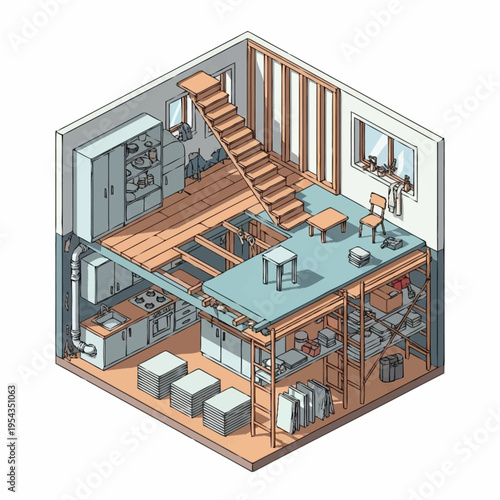 Isometric Cutaway of a Multi-Level Living Space.