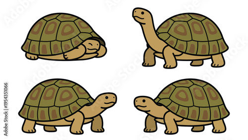 Set of Cute Cartoon Tortoises in Various Poses - Vector Illustration