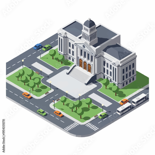 Isometric Government Building with Surrounding Cityscape.