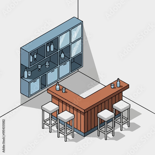 Isometric Home Bar with Stools and Shelf.