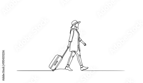 One line traveler woman with suitcase walking side view minimalist travel vector isolated on white background