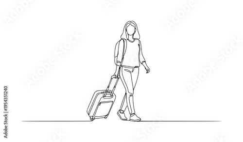 Minimal continuous line traveler woman walking with luggage vector illustration modern one line art isolated on white