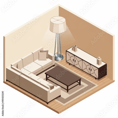 Isometric Living Room Interior Design with Modern Furniture and Decor.