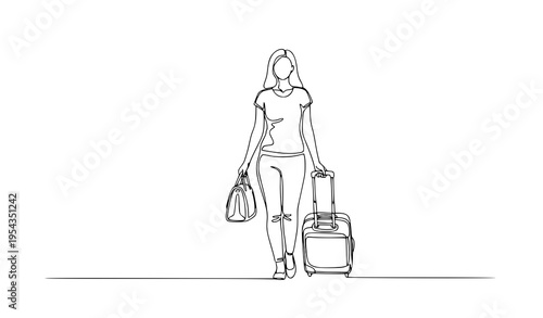Continuous one line drawing traveler woman walking with suitcase minimalist travel vector illustration isolated on white background
