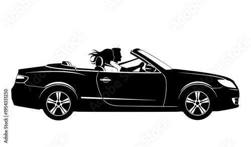 Couple driving convertible car silhouette vector road trip travel and leisure concept isolated on white background