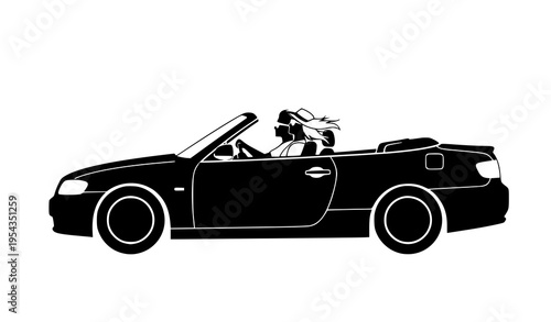 Minimal couple convertible car silhouette vector road trip travel illustration isolated on white background