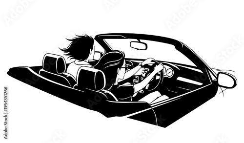 Road trip couple in convertible silhouette vector travel and freedom concept isolated on white background