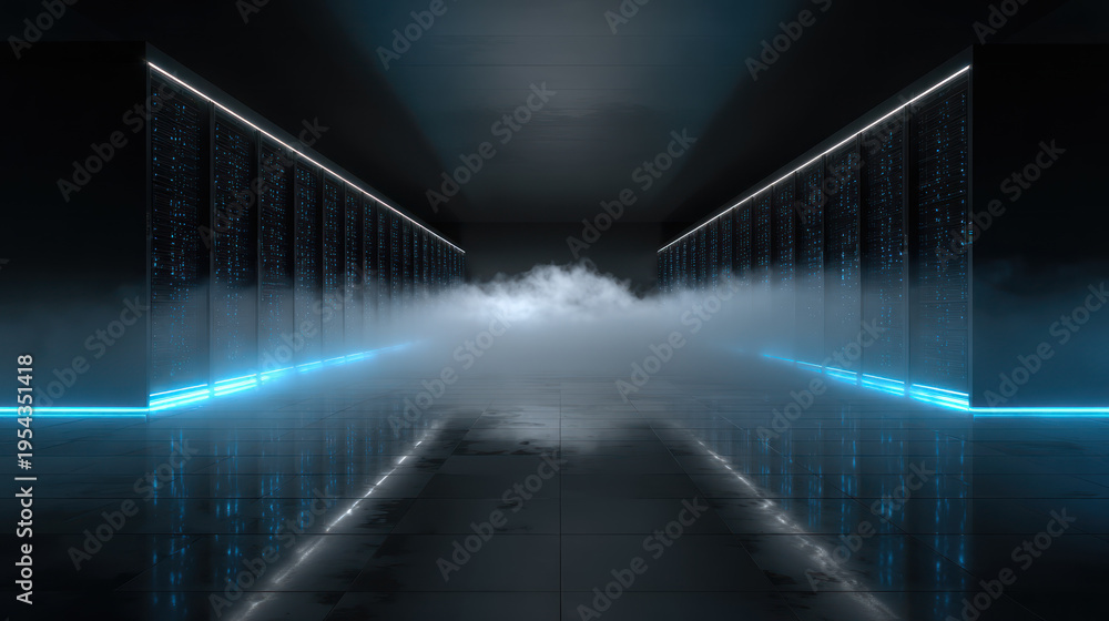 Fototapeta premium Data center corridor server rack fog blue light cold technology concept copy space