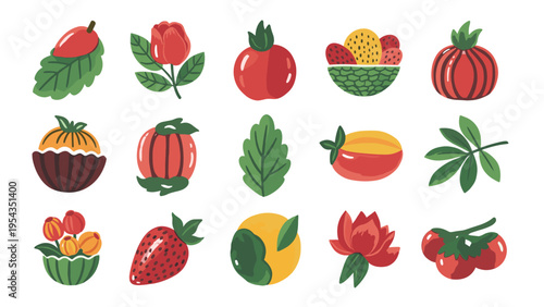 Hand-Drawn Flat Design Fruits, Vegetables & Botanical Elements. Cute Organic Food & Plant Icons Set