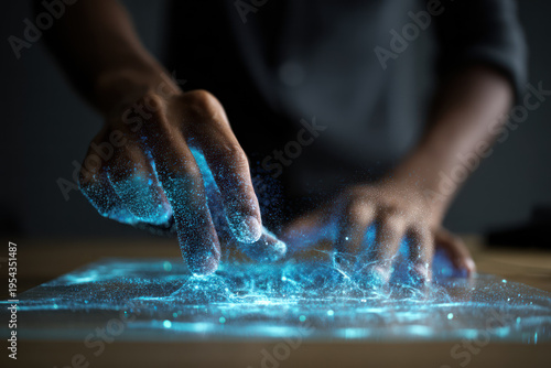 Hologram data hand touch technology blue digital glow futuristic interface innovation analysis cyber network particle screen