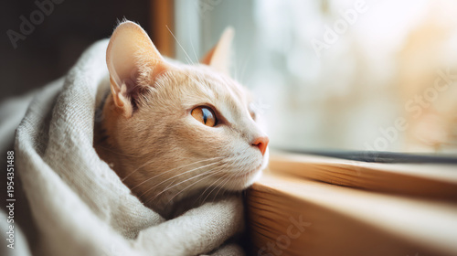 Cream cat short hair window blanket cozy home natural light warmth comfort calm mood soft textile wood frame dreamy gaze