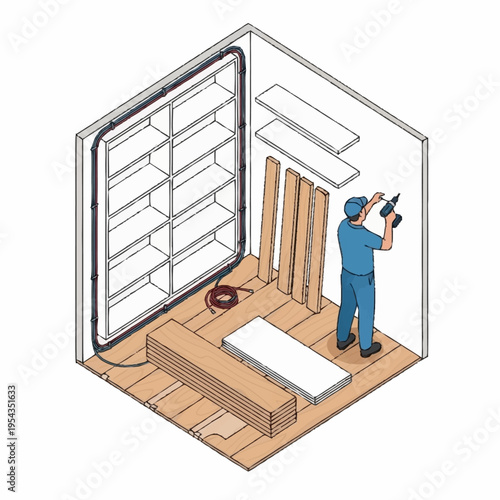 Man Installing Shelving in a Room.