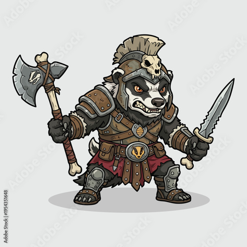 Cartoon Badger Warrior with Axe and Dagger