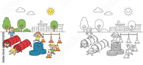 Children playing in an outdoor obstacle course at school playground, coloring book page and full color illustration set