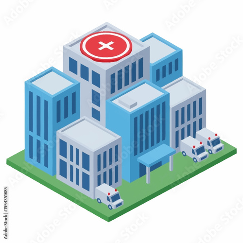 Modern Hospital Building with Helipad and Ambulances.