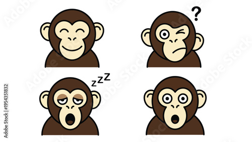 Cute Monkey Emoji Set: Happy, Confused, Tired, Surprised Cartoon Expressions on White Background