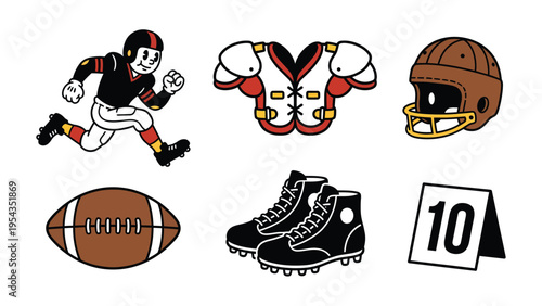 Retro American Football Icons Set: Player, Helmet, Ball, Pads & Cleats