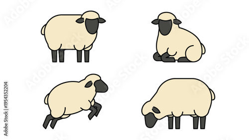 Cute Cartoon Sheep Vector Set. Farm Animals in Diverse Poses: Standing, Sitting, Jumping, Grazing. Simple Line Art Illustration.