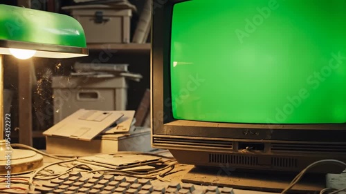 Vintage computer with green screen on messy desk in retro setting