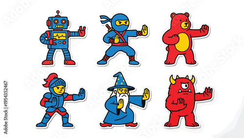 Cartoon Character Set: Robot, Ninja, Bear, Knight, Wizard, Monster in Defensive Stance. Flat Vector Illustration.