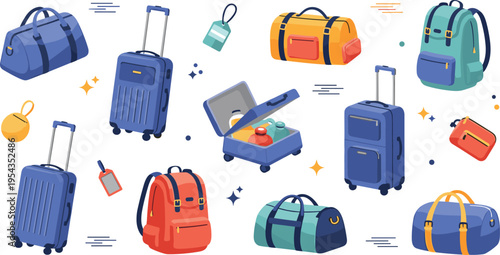 Flat vector travel luggage set featuring suitcases backpacks duffel bags and travel tags for tourism vacation and business trips