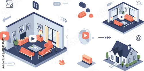 Modern isometric living room interior and house exterior vector illustration set for real estate virtual tours and architecture