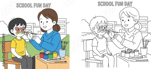 Teacher painting a butterfly on a student's face at a school fun day, coloring book page and full color illustration set