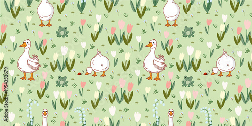 Seamless vector pattern with three cute geese in different poses, a frog and a ladybug. Decorated with tulips, lily of the valley and snowdrops in soft pastel colors on a light green background. Perfe