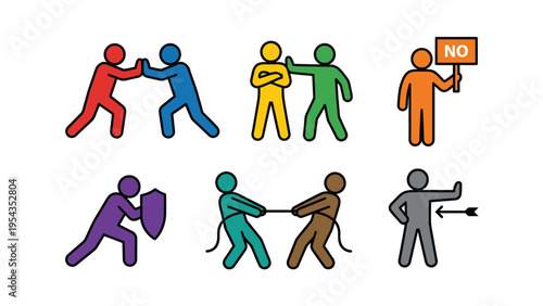 Stick Figure Conflict & Disagreement Icons. Set of colorful vector illustrations depicting opposition, defense, refusal, and struggle.