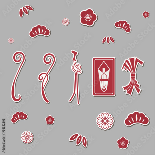 印刷熨斗のステッカー風アイコンセット。松、菊、笹の葉のあしらい素材つきのイラスト。