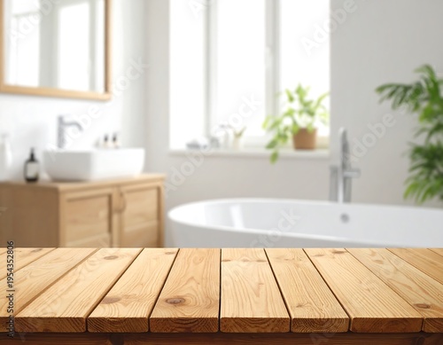 A wooden surface foregrounds a bright bathroom with a tub, sink, mirror, and natural light from a window. Plants provide a touch of green