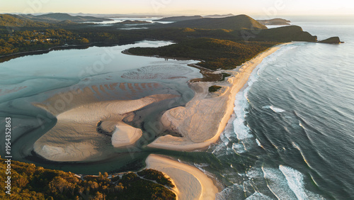 Tableau sur toile Aerial View of Sandbar Beach and Smiths Lake at Seal Rocks NSW Australia