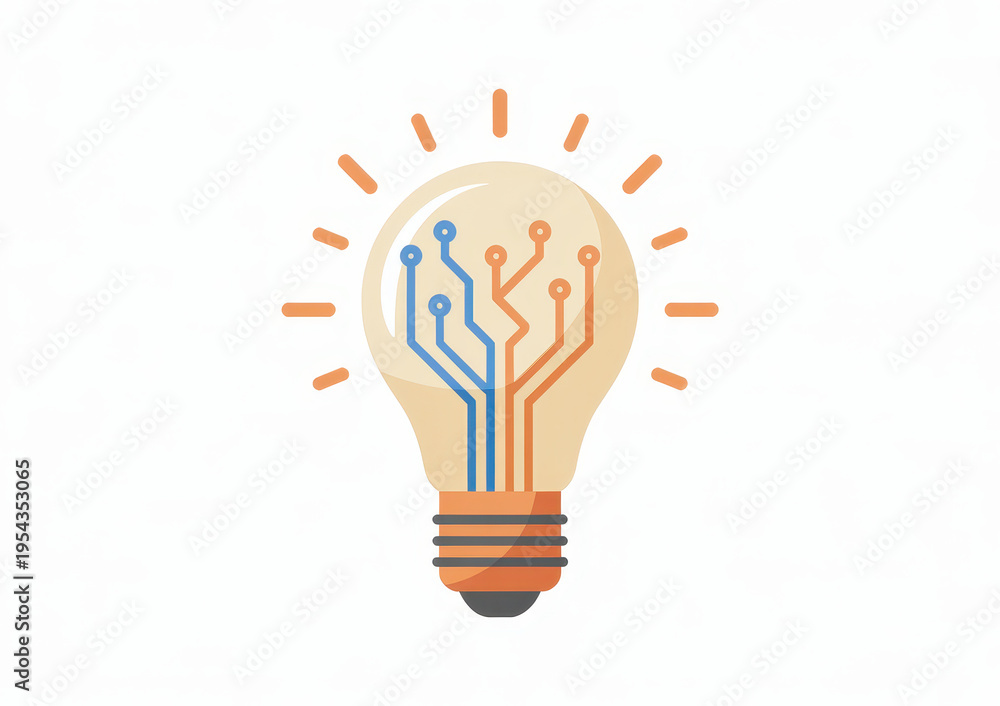 Fototapeta premium Flat light bulb with blue and orange circuit on white background