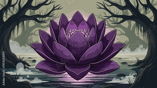 Mystical Purple Lotus Flower Blooming in Dark, Ethereal Swamp Landscape Illustration