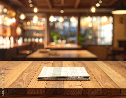 A wooden table foreground with a folded cloth, the background a blurred view of a restaurant