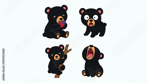 Cute cartoon black bear cub set: eating, surprised, climbing, and yawning poses