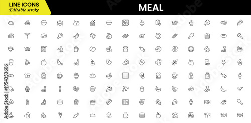 Meal icons depicting food dishes, dining, cooking, ingredients, nutrition, plates, utensils, breakfast, lunch, dinner, recipes, preparation, cuisine, and eating.