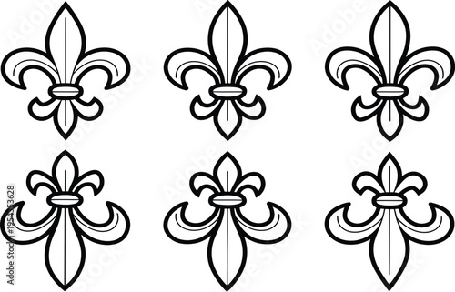 Sophisticated fleur de Lys collection with black line art elements for classic crest designs historical patterns and decorative floral illustrations.