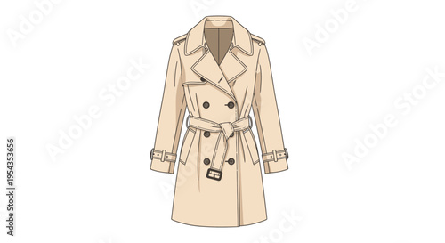 Classic Beige Trench Coat Fashion Illustration Isolated on White