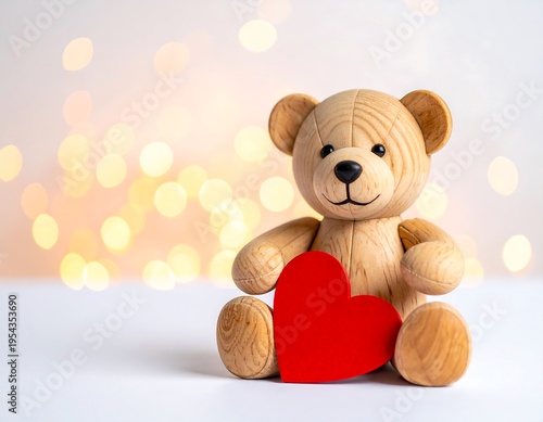 A wooden teddy bear, seated, holds a red heart in front. Soft, blurred golden lights fill the background, highlighting the scene