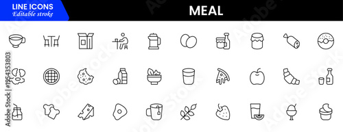 Meal icons depicting food dishes, dining, cooking, ingredients, nutrition, plates, utensils, breakfast, lunch, dinner, recipes, preparation, cuisine, and eating.