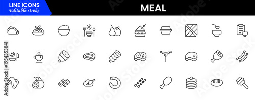 Meal icons depicting food dishes, dining, cooking, ingredients, nutrition, plates, utensils, breakfast, lunch, dinner, recipes, preparation, cuisine, and eating.