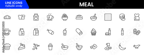 Meal icons depicting food dishes, dining, cooking, ingredients, nutrition, plates, utensils, breakfast, lunch, dinner, recipes, preparation, cuisine, and eating.