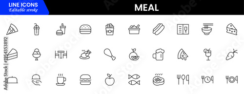 Meal icons depicting food dishes, dining, cooking, ingredients, nutrition, plates, utensils, breakfast, lunch, dinner, recipes, preparation, cuisine, and eating.