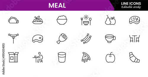 Meal icons depicting food dishes, dining, cooking, ingredients, nutrition, plates, utensils, breakfast, lunch, dinner, recipes, preparation, cuisine, and eating.
