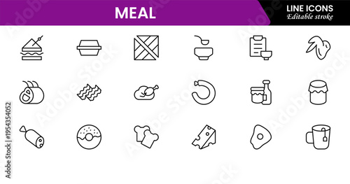 Meal icons depicting food dishes, dining, cooking, ingredients, nutrition, plates, utensils, breakfast, lunch, dinner, recipes, preparation, cuisine, and eating.