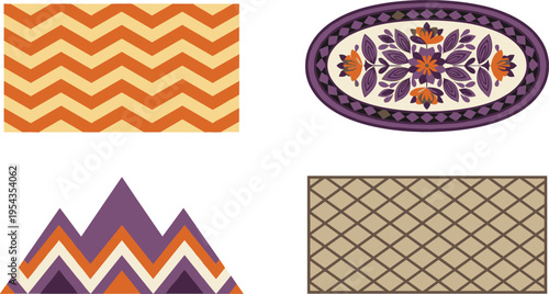 Decorative area rug and floor mat set with geometric chevron patterns and ornate floral mosaic designs for interior decor.