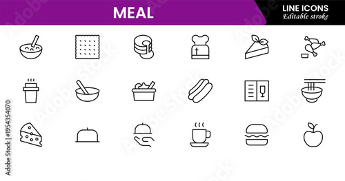 Meal icons depicting food dishes, dining, cooking, ingredients, nutrition, plates, utensils, breakfast, lunch, dinner, recipes, preparation, cuisine, and eating.