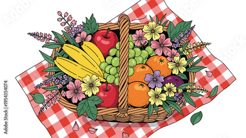 Picnic Basket with Fresh Fruits & Flowers on Gingham Blanket Illustration