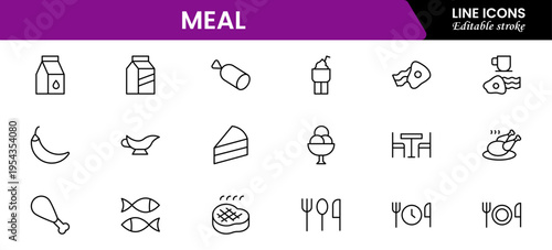 Meal icons depicting food dishes, dining, cooking, ingredients, nutrition, plates, utensils, breakfast, lunch, dinner, recipes, preparation, cuisine, and eating.